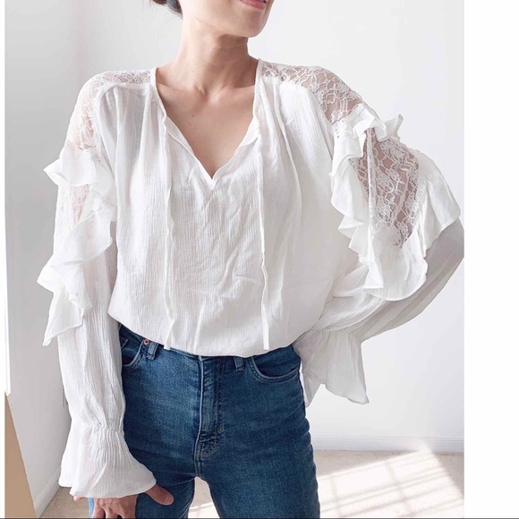 BOHO GYPSY LACE RUFFLE BLOUSE -IVORY WHITE - Picture 4 of 7